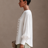 Women's Button Casual Cotton Linen V-Neck Lantern Sleeve Top MDZ2131H3GMJ