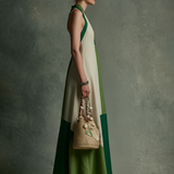 Women's Vacation Style Green And White Color-Block Linen-Cotton Halter V-Neck Waist-Tailored Maxi Dress MDZ2051E3GMJ