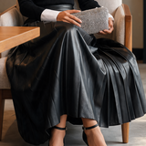 Women's High-Waisted Pleated Leather Skirt MDZ2153H1ZRK