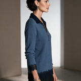 Women's Contrast Lace Elegant Half-Zip Long-Sleeve Top MDZ2706H4GMJ