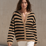 Women's Striped Knit V Neck Beige Black Sweater MDZ0169I3YZJ