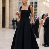 Women's Black Maxi Dress With Wide Square Neck Thick Straps & Side Patch Pockets, Minimalist Elegant Formal Swing Dress MDZ2269F2LYL