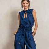 Women's Elegant Dark Blue Cotton-Linen Sleeveless Jumpsuit With Round Neck MDZ2068C2AN