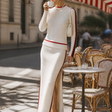 Elegant Retro Red Trim Cream Knit Top And Slit Maxi Skirt Set