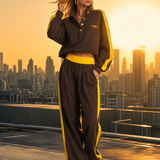 Retro Sportswear Dark Brown Cotton Stand-collar Top And Pants Set