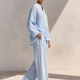 Women's Light‑Blue Linen Fabric Stand‑Collar Half‑Zip Oversized Top & Wide‑Leg Pants Set