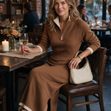 Women's Retro Color-Block Raglan-Sleeve Maxi Dress With Trim And Zip-Up Stand Collar MDZ2180H2WY