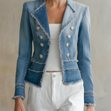 Light Blue Frayed Denim Blazer Women Double-Breasted Cropped Fitted Western Jacket
