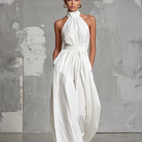 Women's Elegant White Woven Sleeveless Halter-neck Jumpsuit MDZ0554A3AN