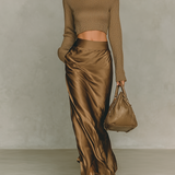 Women's Fashionable Gold-brown Satin Midi Skirt MDA2258L9AN