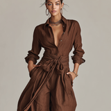 Women's Elegant Brown Woven Cotton-linen Long-sleeved Shirt Collar Jumpsuit With Belt MDA1965L9AN