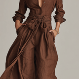 Women's Elegant Brown Woven Cotton-linen Long-sleeved Shirt Collar Jumpsuit With Belt MDA1965L9AN