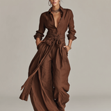 Women's Elegant Brown Woven Cotton-linen Long-sleeved Shirt Collar Jumpsuit With Belt MDA1965L9AN