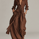 Women's Elegant Brown Woven Cotton-linen Long-sleeved Shirt Collar Jumpsuit With Belt MDA1965L9AN