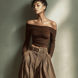 Women's Fashionable And Sexy Dark Brown Off-the-shoulder Long-sleeved Fitted Top MDA2980K0AN