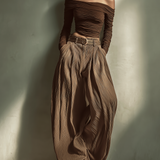Women's Fashionable And Sexy Dark Brown Off-the-shoulder Long-sleeved Fitted Top MDA2980K0AN