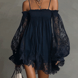 Noemi | Mini dress in navy blue chiffon with off-the-shoulder neckline, lace trim, and sheer sleeves