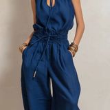 Women's Elegant Dark Blue Cotton-Linen Sleeveless Jumpsuit With Round Neck MDZ2068C2AN