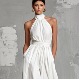 Women's Elegant White Woven Sleeveless Halter-neck Jumpsuit MDZ0554A3AN