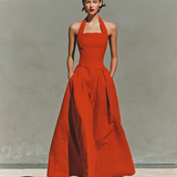 Women's Red Linen Maxi Dress With Halter Neck & Pleated Skirt, Timeless Elegant-Resort Style Dress MDZ2016C7I