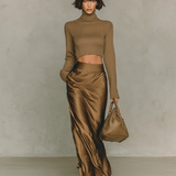 Women's Fashionable Gold-brown Turtleneck Long-sleeved Knit Top MDA2260L4AN