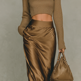 Women's Fashionable Gold-brown Turtleneck Long-sleeved Knit Top MDA2260L4AN
