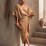 Women's Modern Khaki Linen Blend Draped Asymmetric Short Sleeve