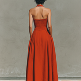 Women's Red Linen Maxi Dress With Halter Neck & Pleated Skirt, Timeless Elegant-Resort Style Dress MDZ2016C7I