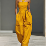 Women's Mustard Yellow Linen-Blend Jumpsuit With Crisscross Neckline & Relaxed Trousers MDZ2808B6T