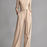 Women's Neutral-colored Cotton Blend Knit Jumpsuit With Gathered Waist MDA1516L0I