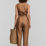 Women's Tobacco Brown Linen Jumpsuit With Self-Tie Waist & Collared V-Neck, Timeless Resort-Casual Style Jumpsuit MDZ0638B5I