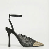 Kiva - Lace Embroidery Metal Pointed Heels Black