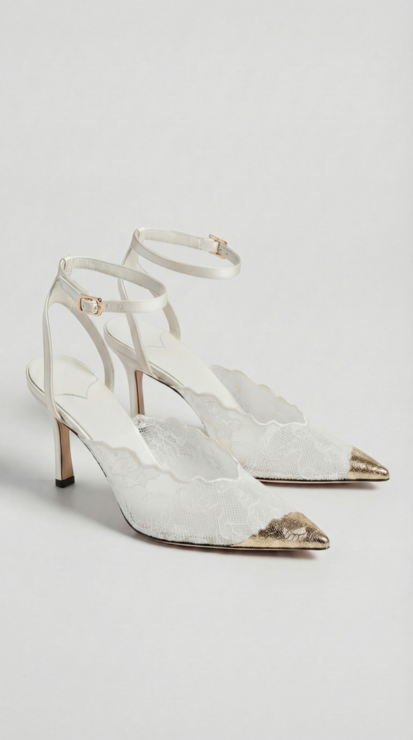 Kiva - Lace Embroidery Metal Pointed Heels White