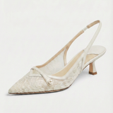 Camy - Lace-Paneled Pearl Slingback Kitten Heel White