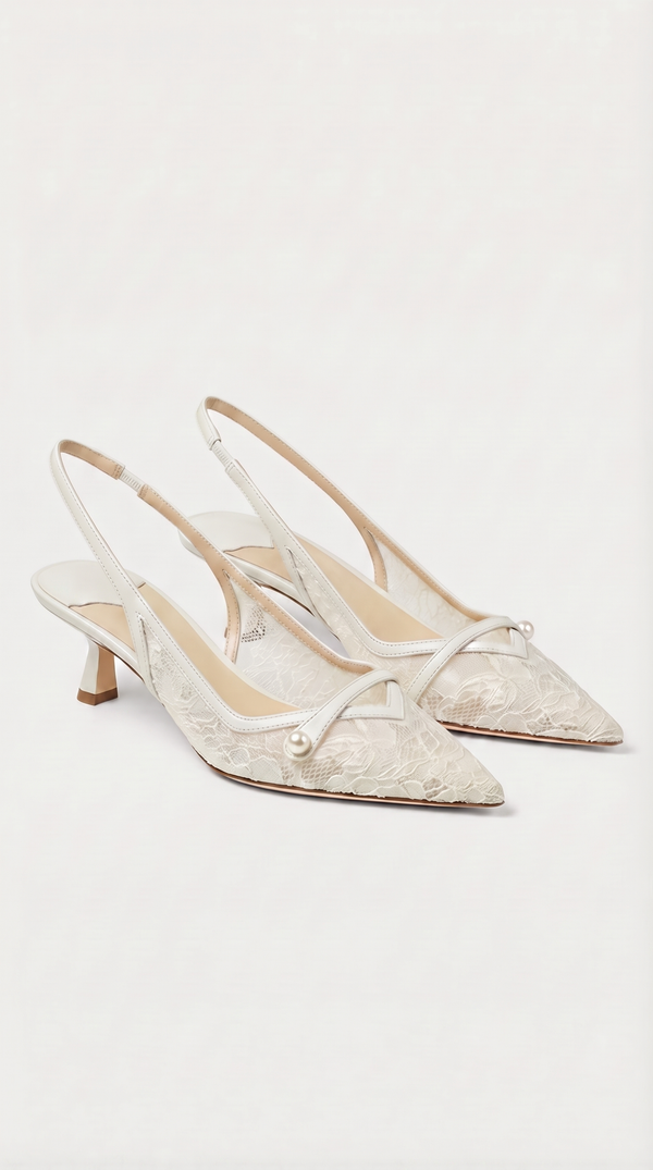 Camy - Lace-Paneled Pearl Slingback Kitten Heel White