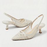 Camy - Lace-Paneled Pearl Slingback Kitten Heel White