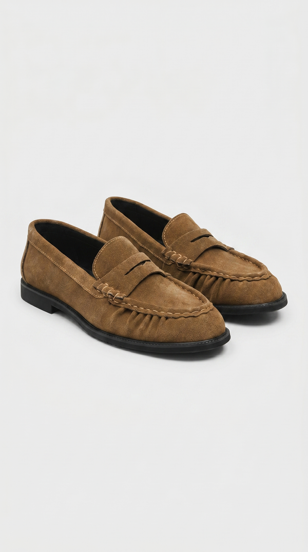 Costas - Ruched Leather & Suede Penny Loafer Camel