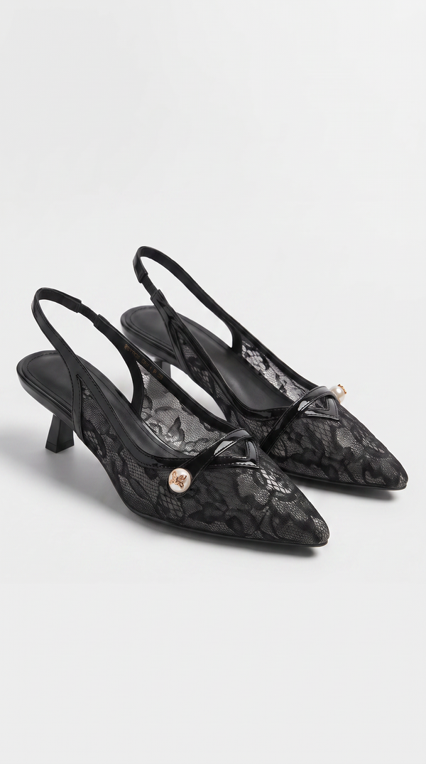 Camy - Lace-Paneled Pearl Slingback Kitten Heel Black