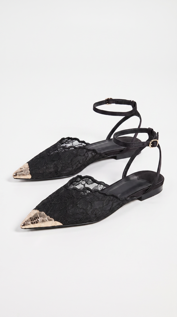 Evra - Metallic Toe Cap Lace Ankle-Strap Ballet Flats Black