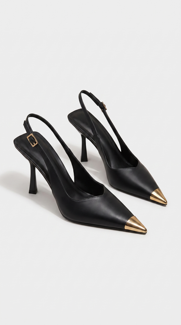 Aver - Metallic Toe Cap Slingback Stiletto Heels Black