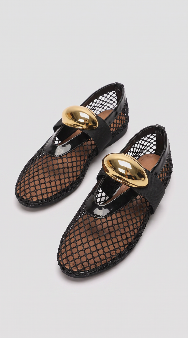 Spesa - Sculptural Gold-Orb Mesh Ballet Flats Black