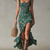 Zara | Bohemian Floral Ruched Maxi Dress with Side Slit