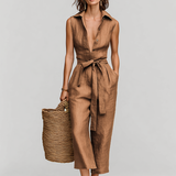Women's Tobacco Brown Linen Jumpsuit With Self-Tie Waist & Collared V-Neck, Timeless Resort-Casual Style Jumpsuit MDZ0638B5I