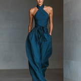 Women's Navy Blue Linen Fabric Cross Halter Wide-Leg Jumpsuit With Tie Waist & Side Pockets MDZ0455B5T