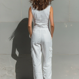 Women's Minimalist Cotton Blend Single-breasted Sleeveless Jumpsuit MDZ1304A4Y