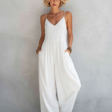 Women's Casual White Cotton-linen Blend Sleeveless Loose Jumpsuit MDZ0246C9AN