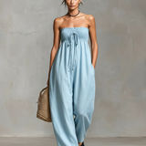 Women's Minimalist Loose-fitting Linen Blend Strapless Jumpsuit With Tie Closure MDZ2024A9Y