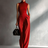 Women's Sleek Cotton-Linen Blend Burgundy Sleeveless Turtleneck Wide-Leg Jumpsuit MDA2292L5AU