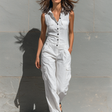 Women's Minimalist Cotton Blend Single-breasted Sleeveless Jumpsuit MDZ1304A4Y