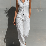 Women's Minimalist Cotton Blend Single-breasted Sleeveless Jumpsuit MDZ1304A4Y